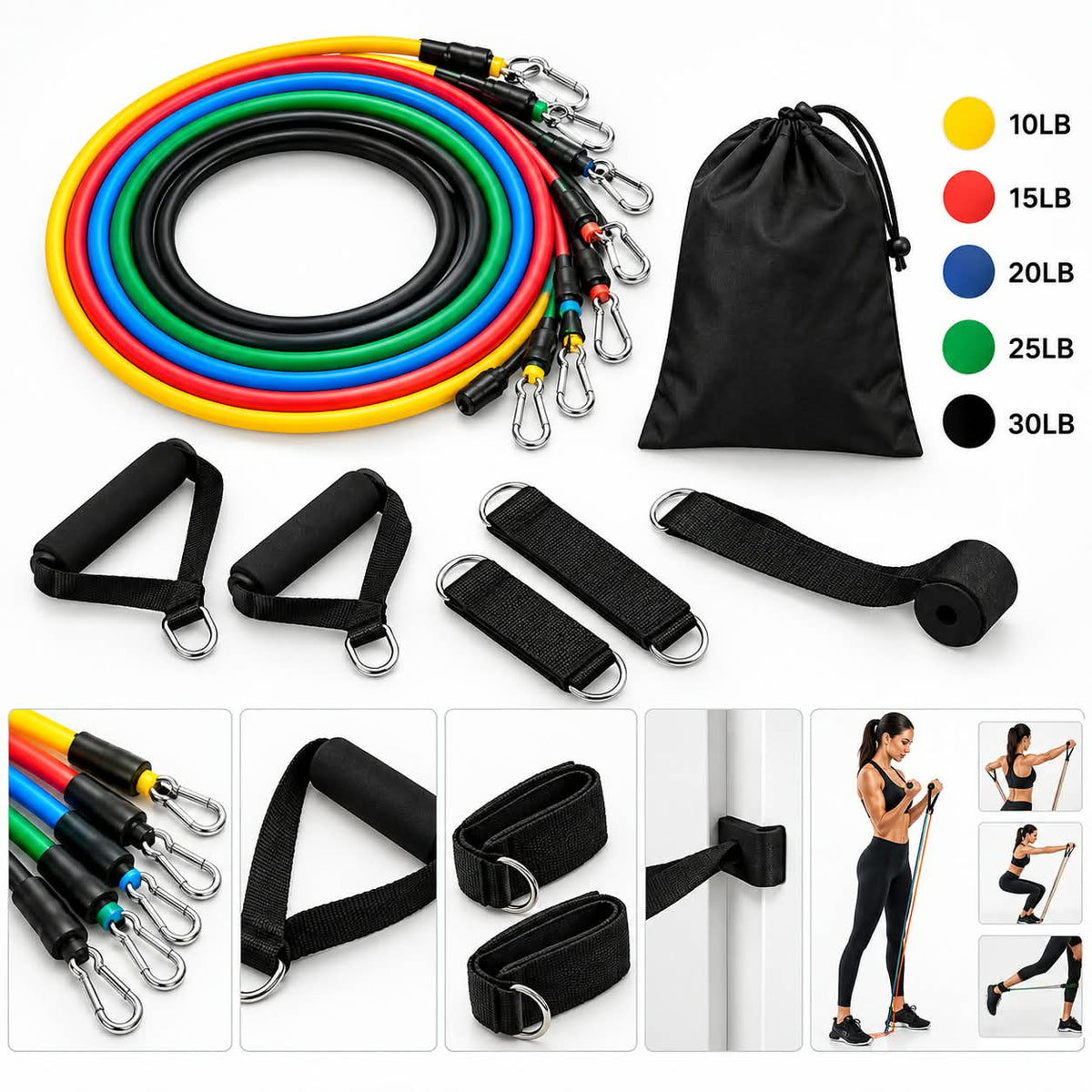 Premium Resistance Band Set For Home Workouts - 11 Piece Elastic Fitness Exercise Tubes With Carrying Pouch