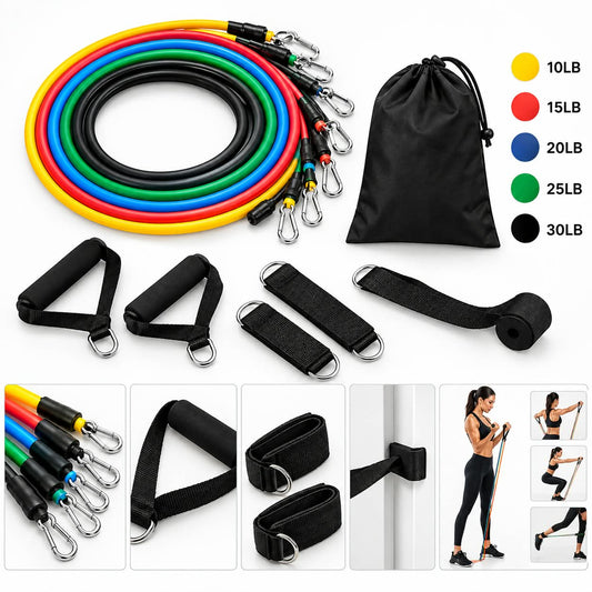 Premium Resistance Band Set For Home Workouts - 11 Piece Elastic Fitness Exercise Tubes With Carrying Pouch
