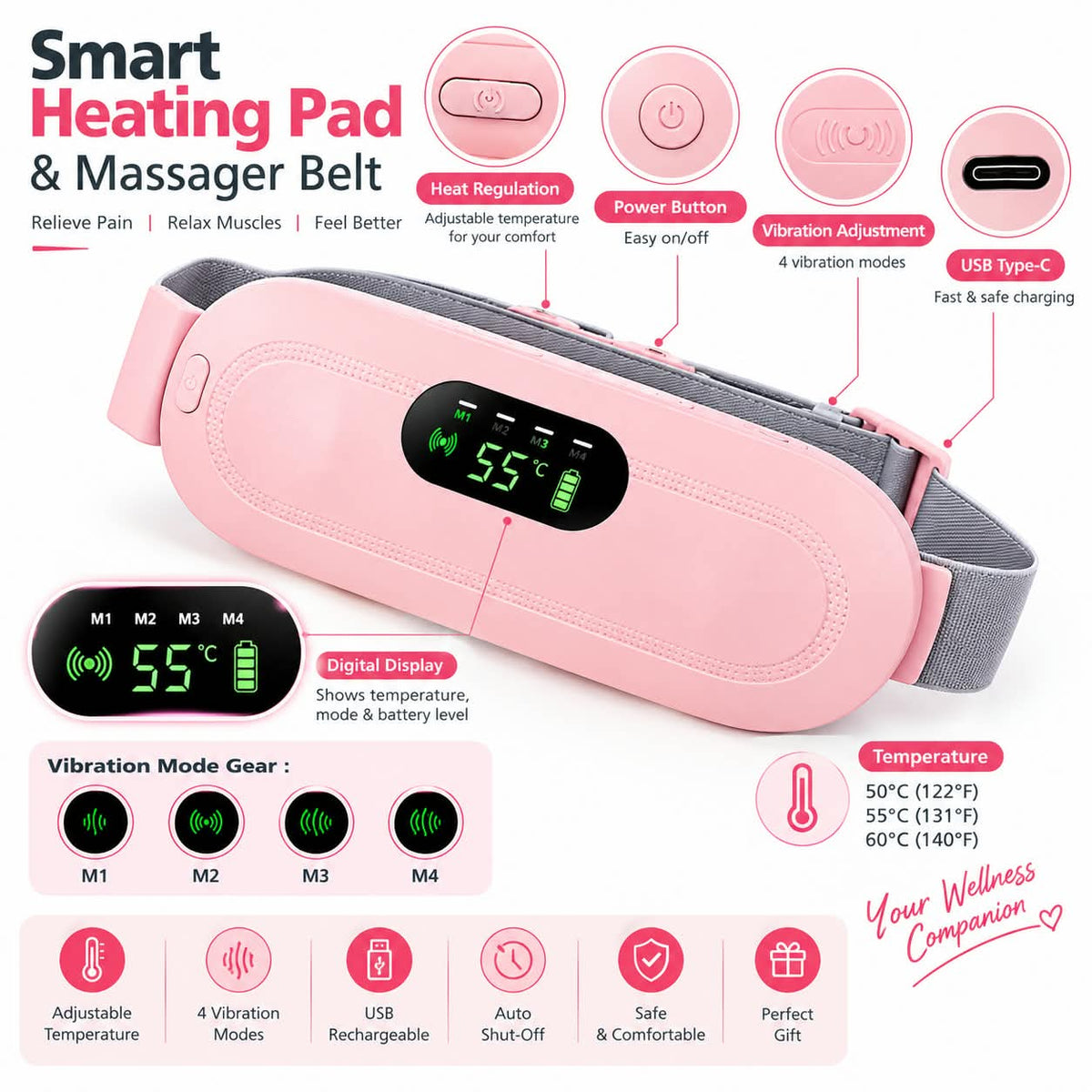 Cramp Relief Belt -Portable Menstrual Heating Pad, Heated Belly Belt For Menstrual Cramp Relief With 3 Heat Levels And 4 Modes, Electric Belt Massage For Women And Girls